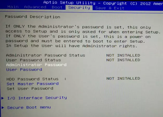 BIOS पासवर्ड - विकल्प 2