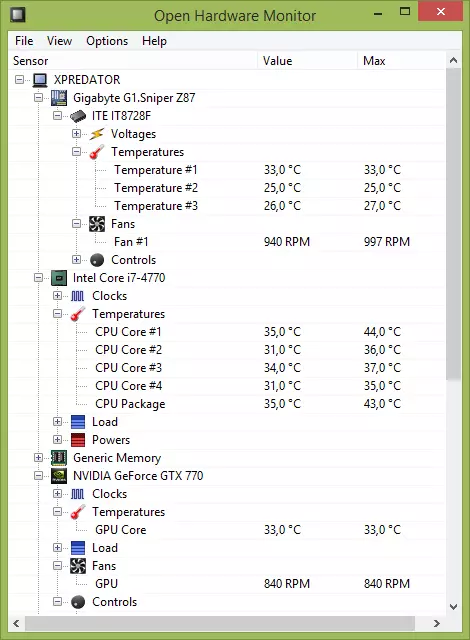 Температура в програмі Open Hardware Monitor