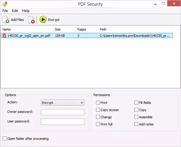 Configuración de PDF de seguridad y permisos