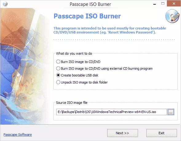 Əsas pəncərə Passcape ISO Burner
