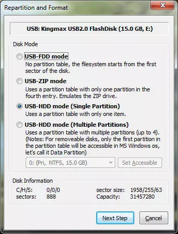 Zgjidhni Modalitetin e formatimit për të krijuar një flash drive