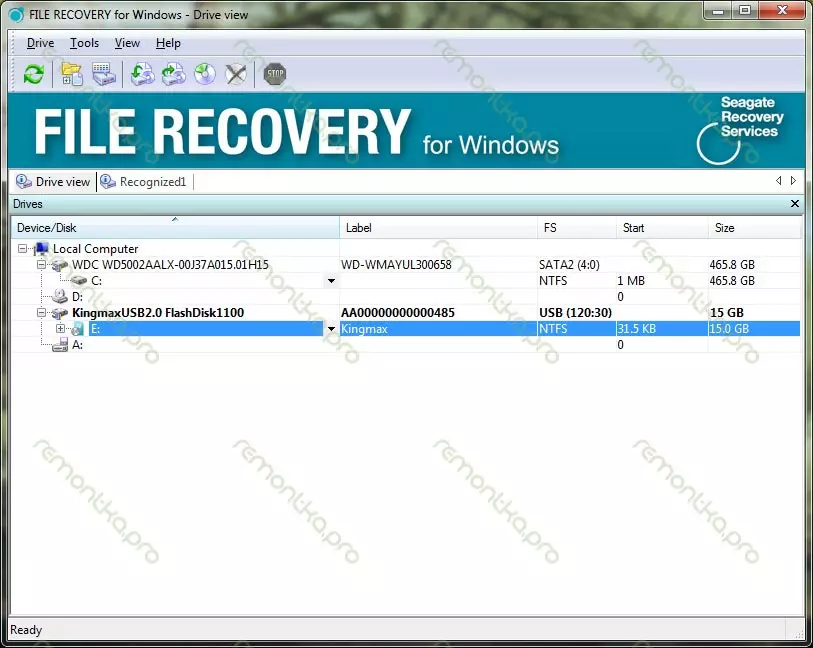 Restoring files from a flash drive - Main window