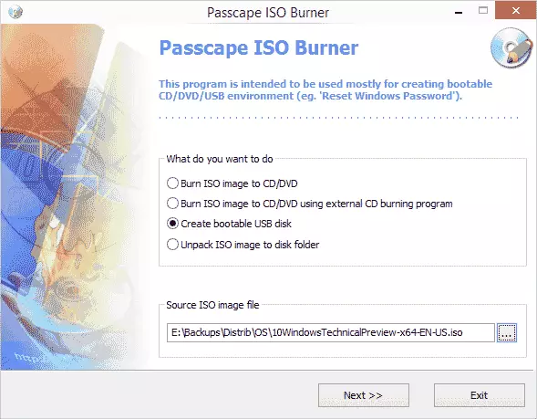 Besplatno snimanje diska u Passcape ISO plamenik