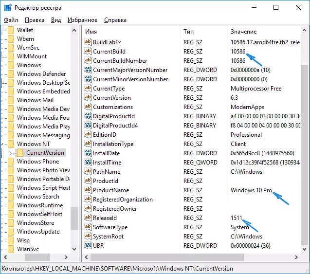 Version i Windows 10-registreringseditoren